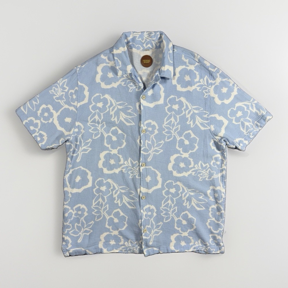 Common People Mens L Blue White Floral Shirt Short Sleeve Cotton Hawaiian